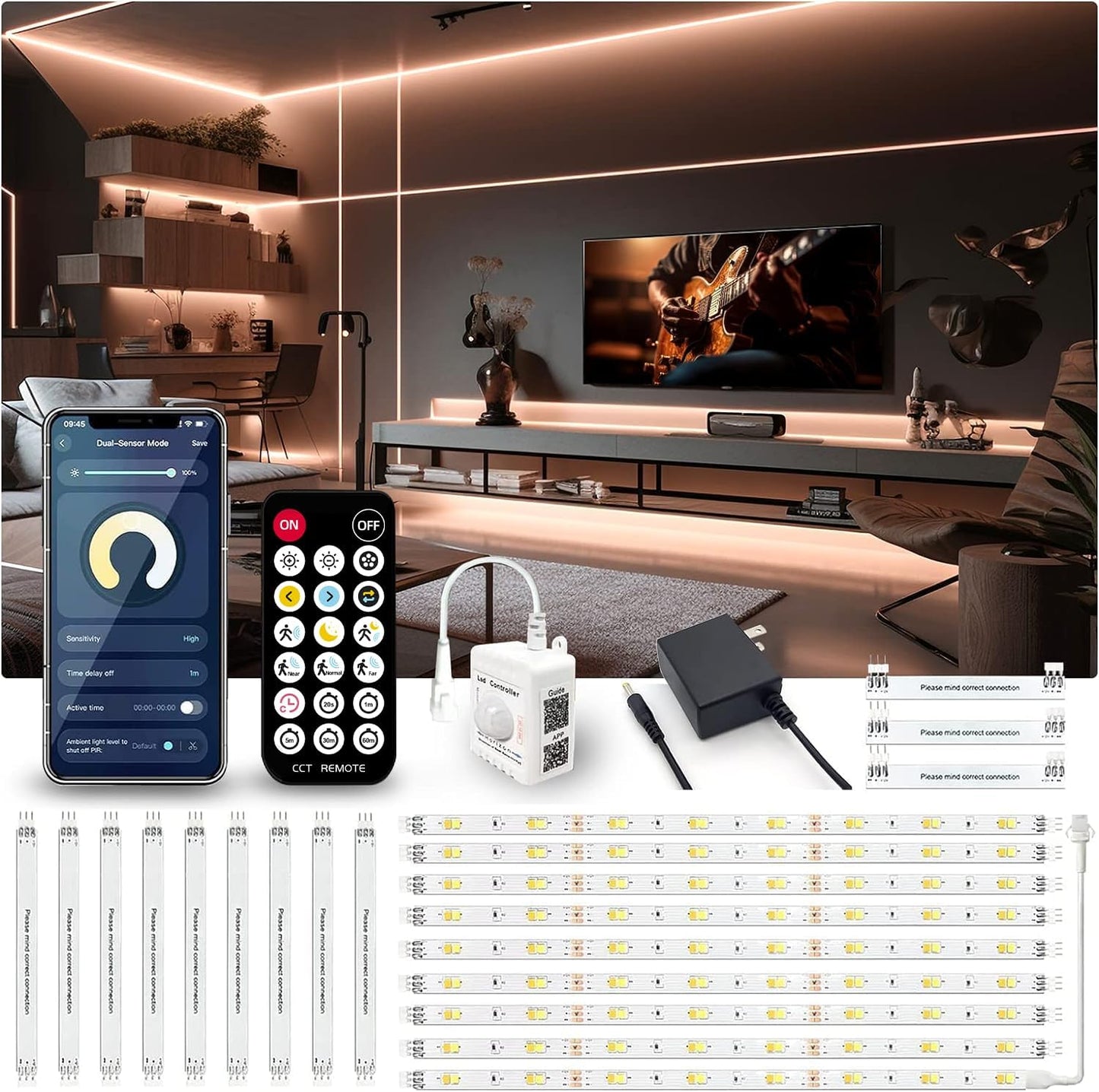 Motion Sensor LED Strip Lights - 10Pcs under Cabinet Kit with App & RF Remote Control- 16.4Ft