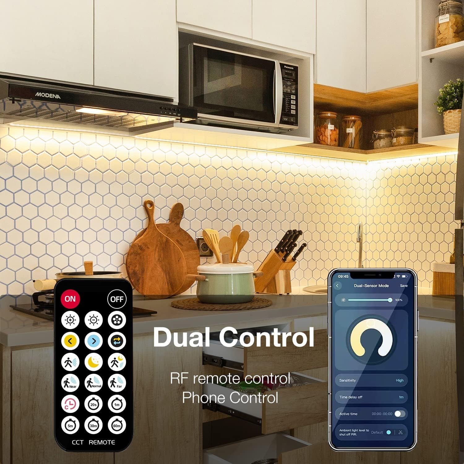 Motion Sensor LED Strip Lights - 10Pcs under Cabinet Kit with App & RF Remote Control- 16.4Ft